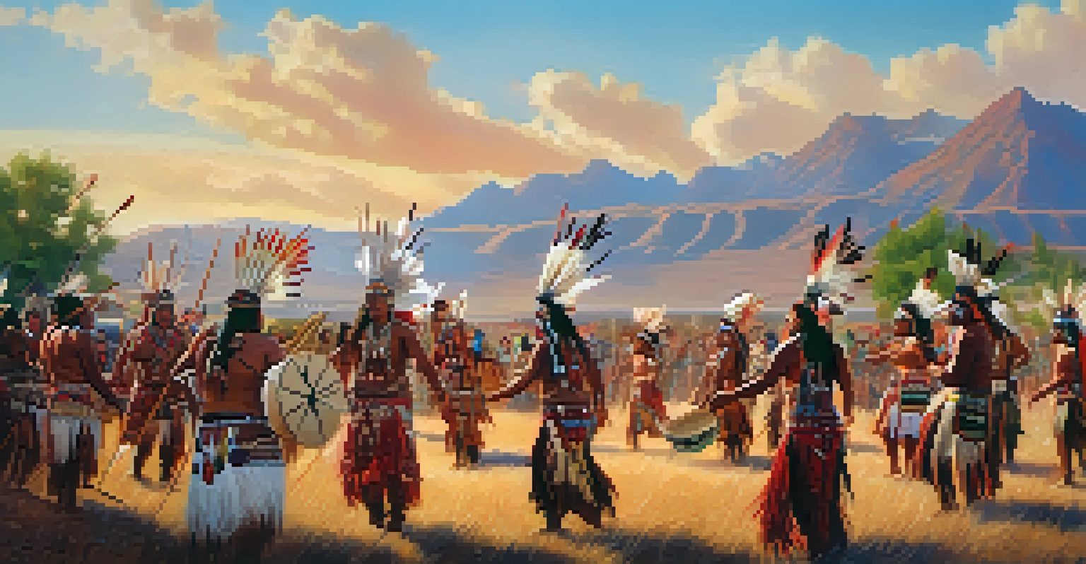 Native American individuals celebrating at a cultural festival, showcasing traditional clothing and dancing in a vibrant landscape.