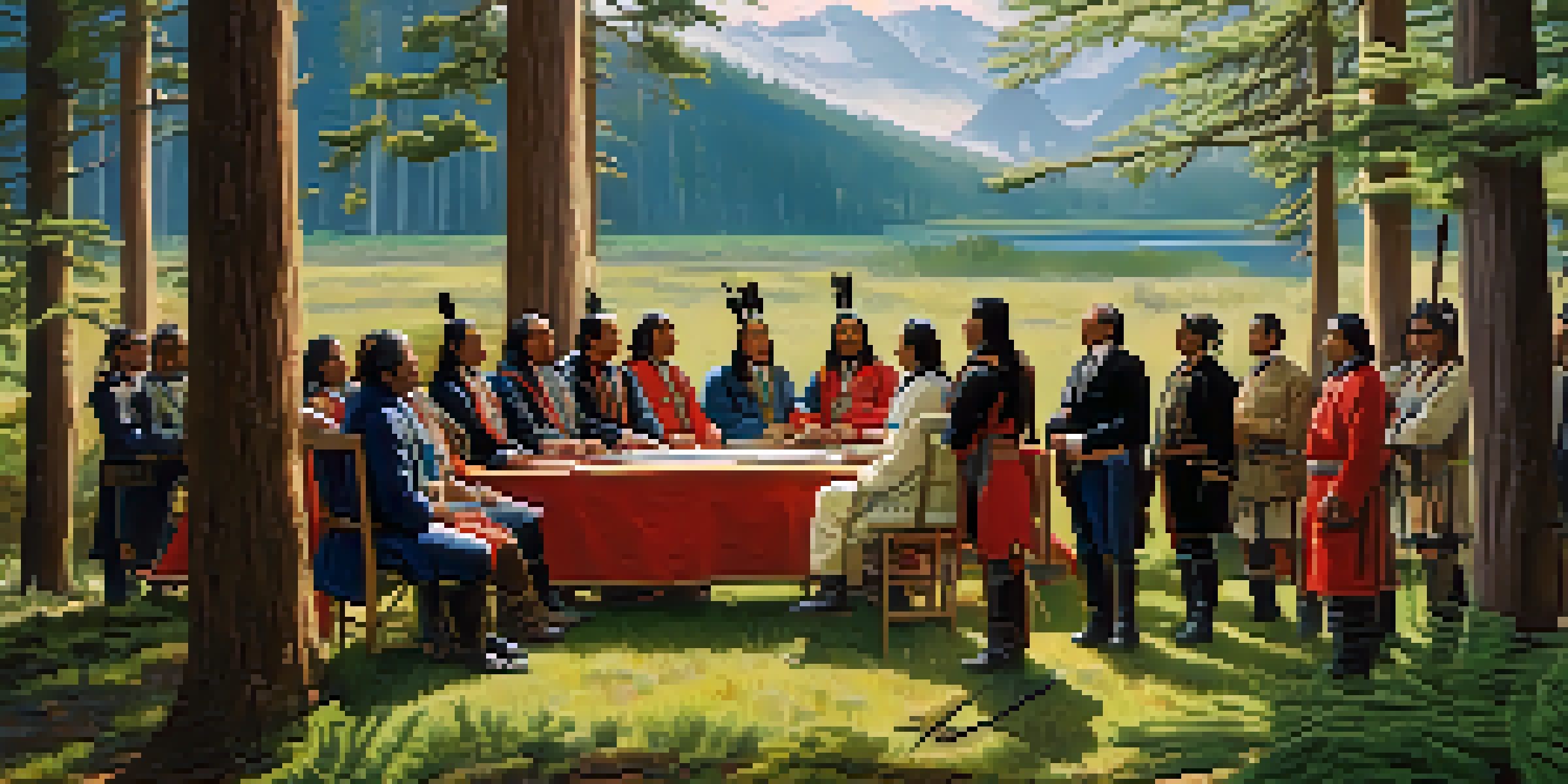 A historical depiction of the signing of the Treaty of Medicine Creek, showing Native American leaders and U.S. government officials in a natural setting.