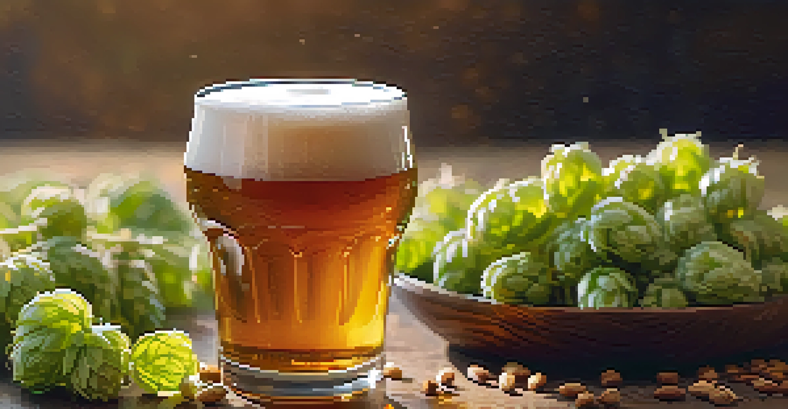 A close-up of a freshly poured craft beer in a glass with hops and grains around it.
