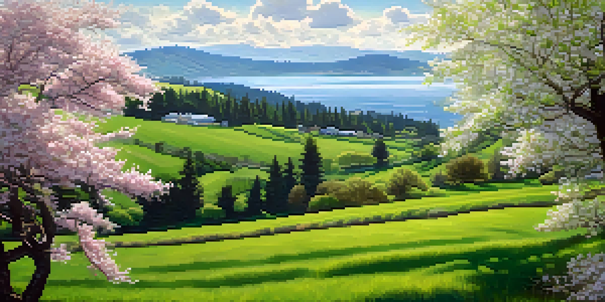 A vibrant coastal landscape in Washington State featuring blooming apple and cherry trees under soft sunlight, with hills leading to the Pacific Ocean in the background.