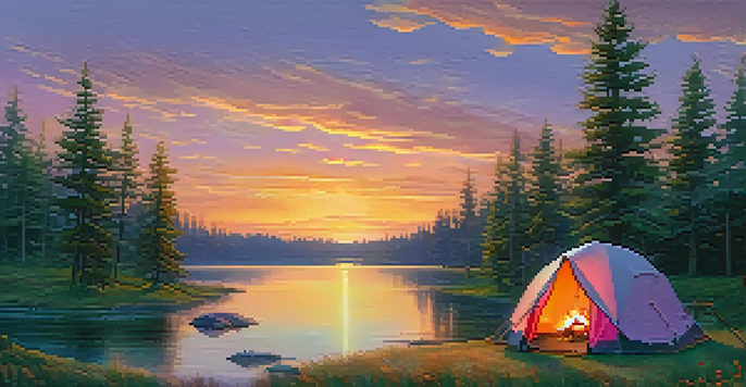 A peaceful campsite by a lake at sunset, with a glowing campfire and a tent surrounded by pine trees and wildflowers.