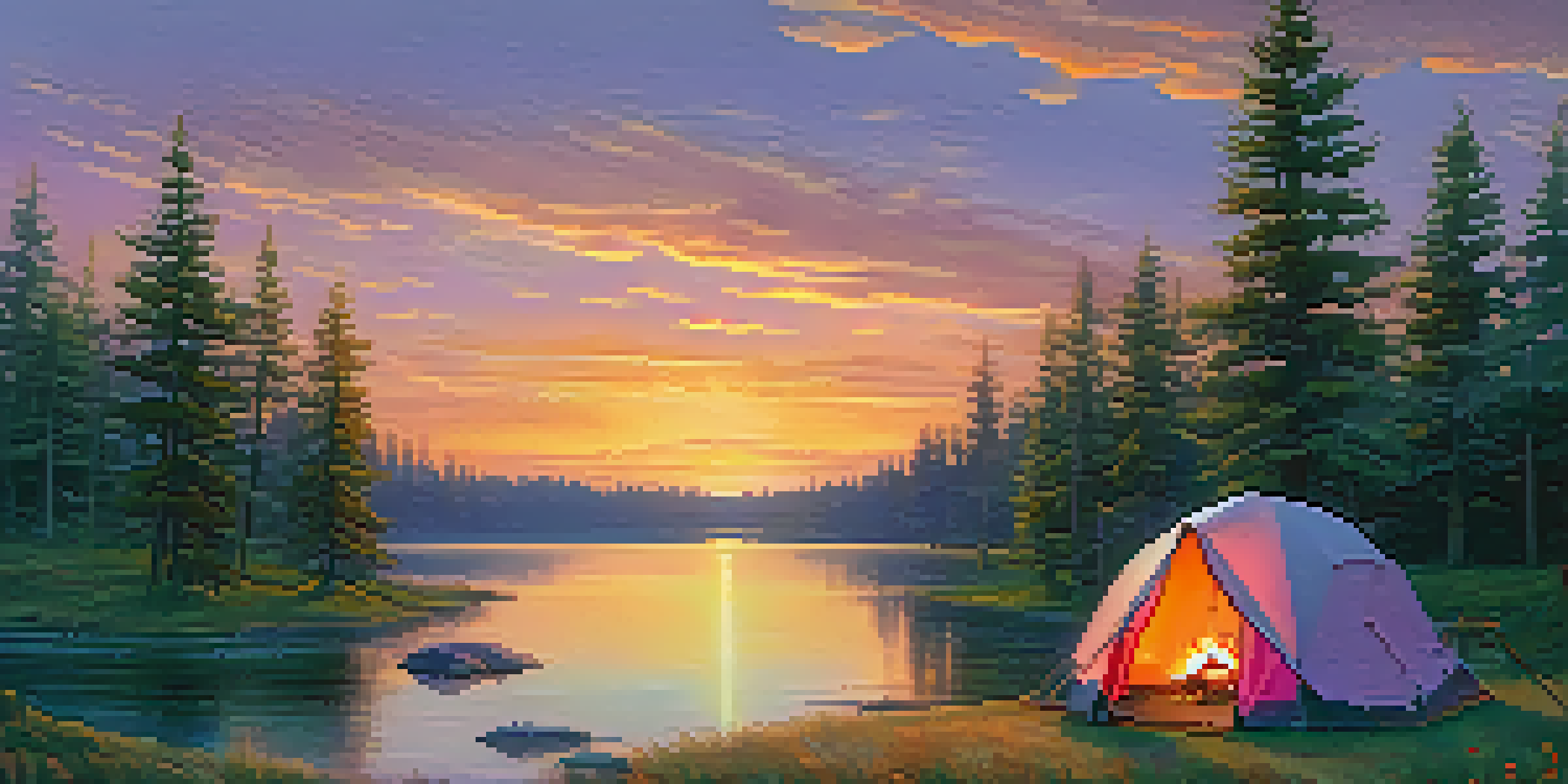 A peaceful campsite by a lake at sunset, with a glowing campfire and a tent surrounded by pine trees and wildflowers.