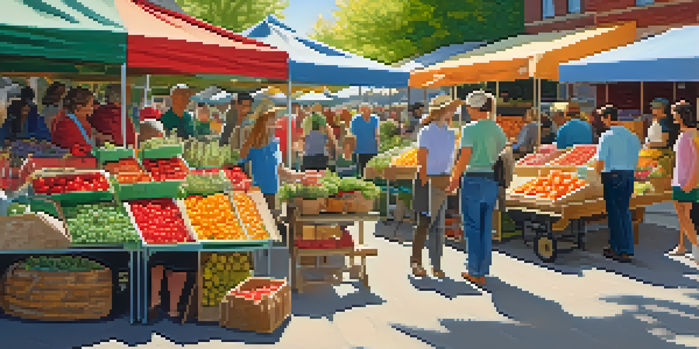 A lively farmers market in Washington with colorful stalls of fresh produce, a vendor handing herbs to a smiling customer, and a diverse crowd enjoying the sunny day.