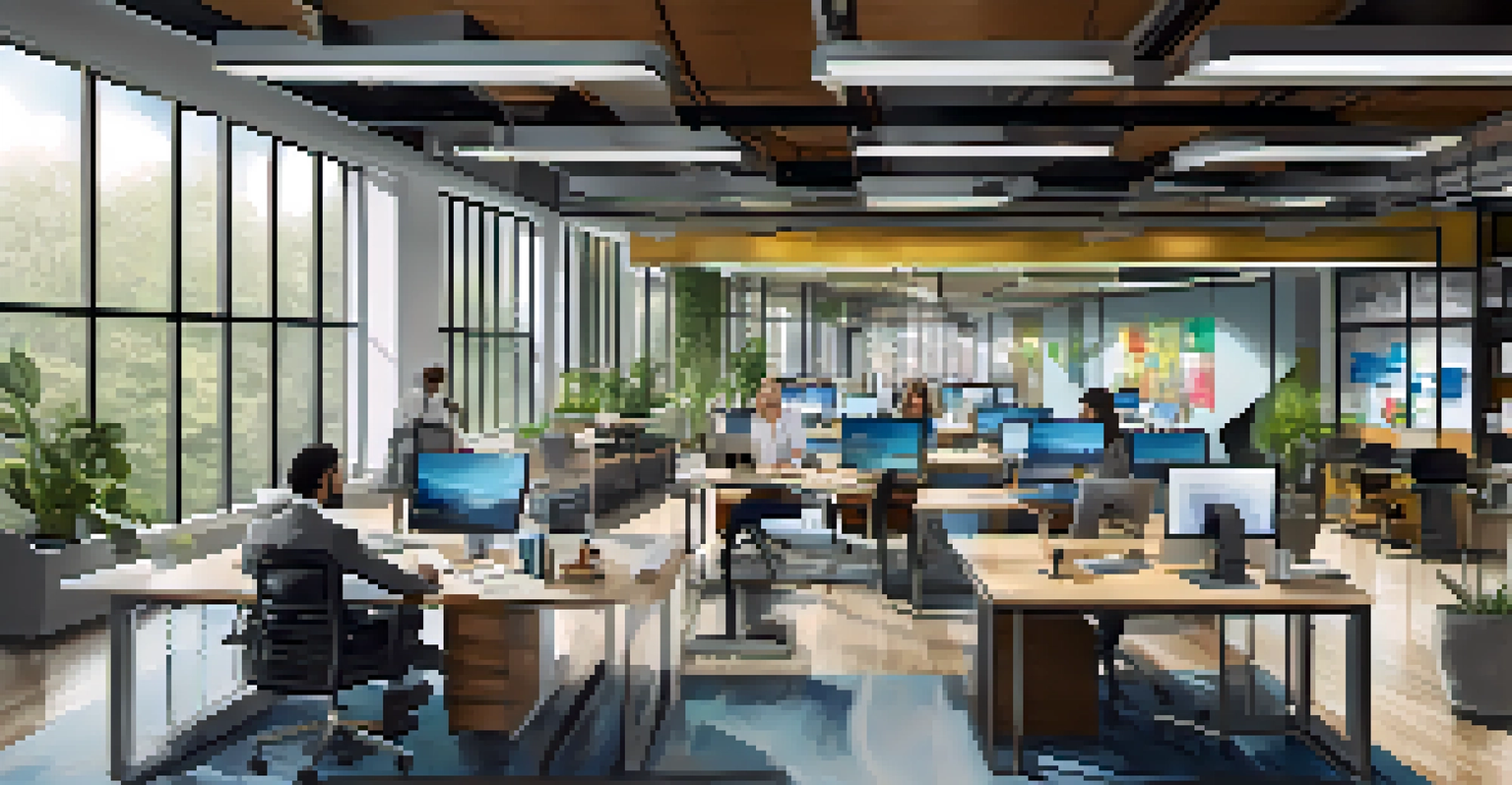 A modern tech office interior with desks, collaborative spaces, and diverse professionals working together.