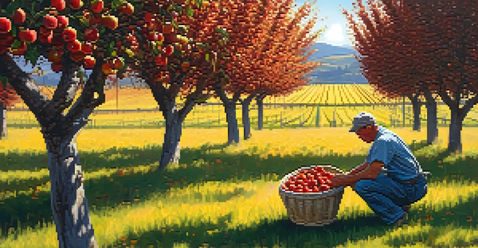 A scenic view of apple orchards in Washington State during harvest time, with a farmer picking apples under a clear sky.