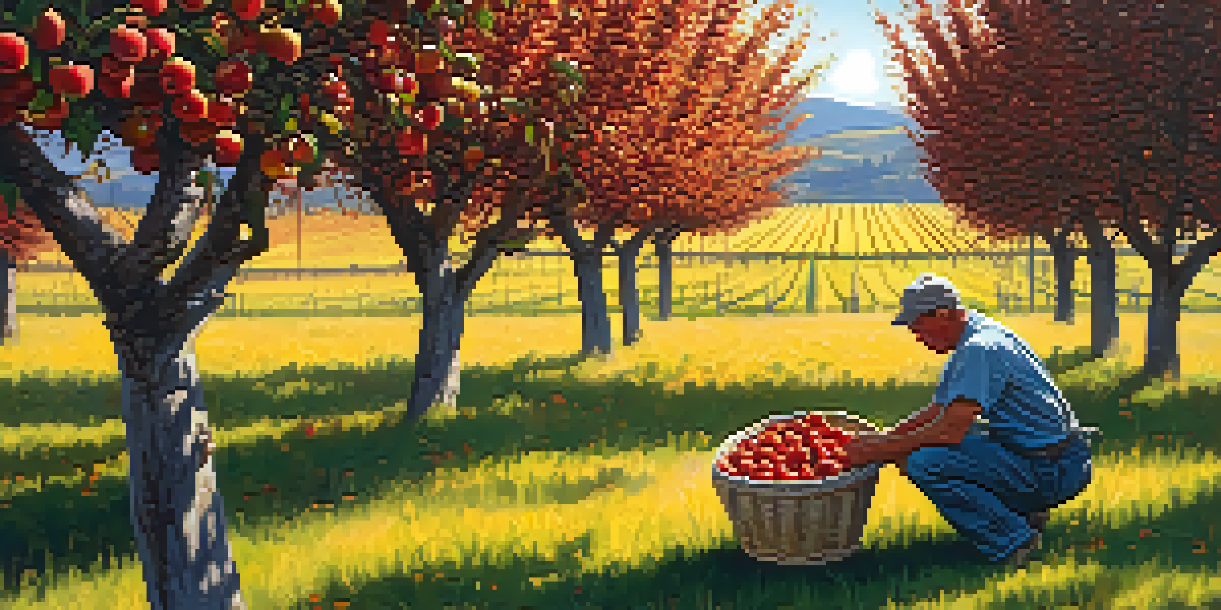 A scenic view of apple orchards in Washington State during harvest time, with a farmer picking apples under a clear sky.