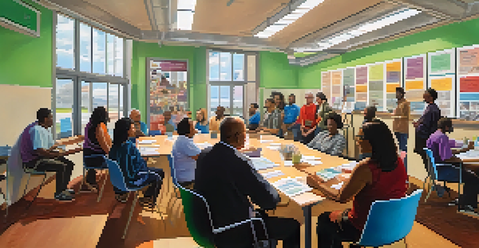 A diverse group of people in a community center discussing civic engagement with sunlight streaming through a large window.