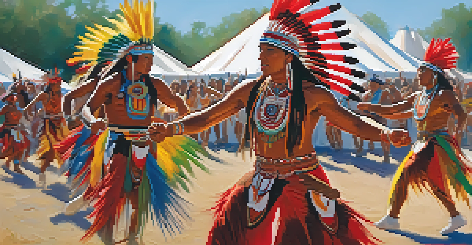 Dancers in traditional Native American regalia performing at a cultural festival, surrounded by colorful decorations and a clear sky.