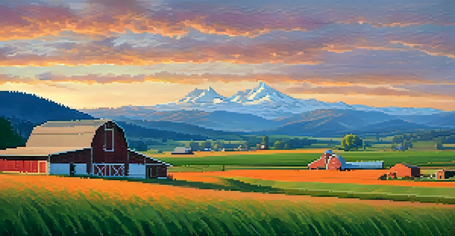 A picturesque farm in Washington State at sunset with crops, a barn, and mountains.