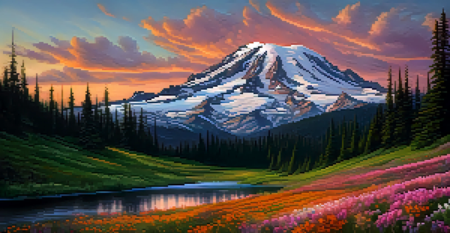 A majestic mountain at sunset, surrounded by colorful wildflowers and a dramatic sky filled with clouds.