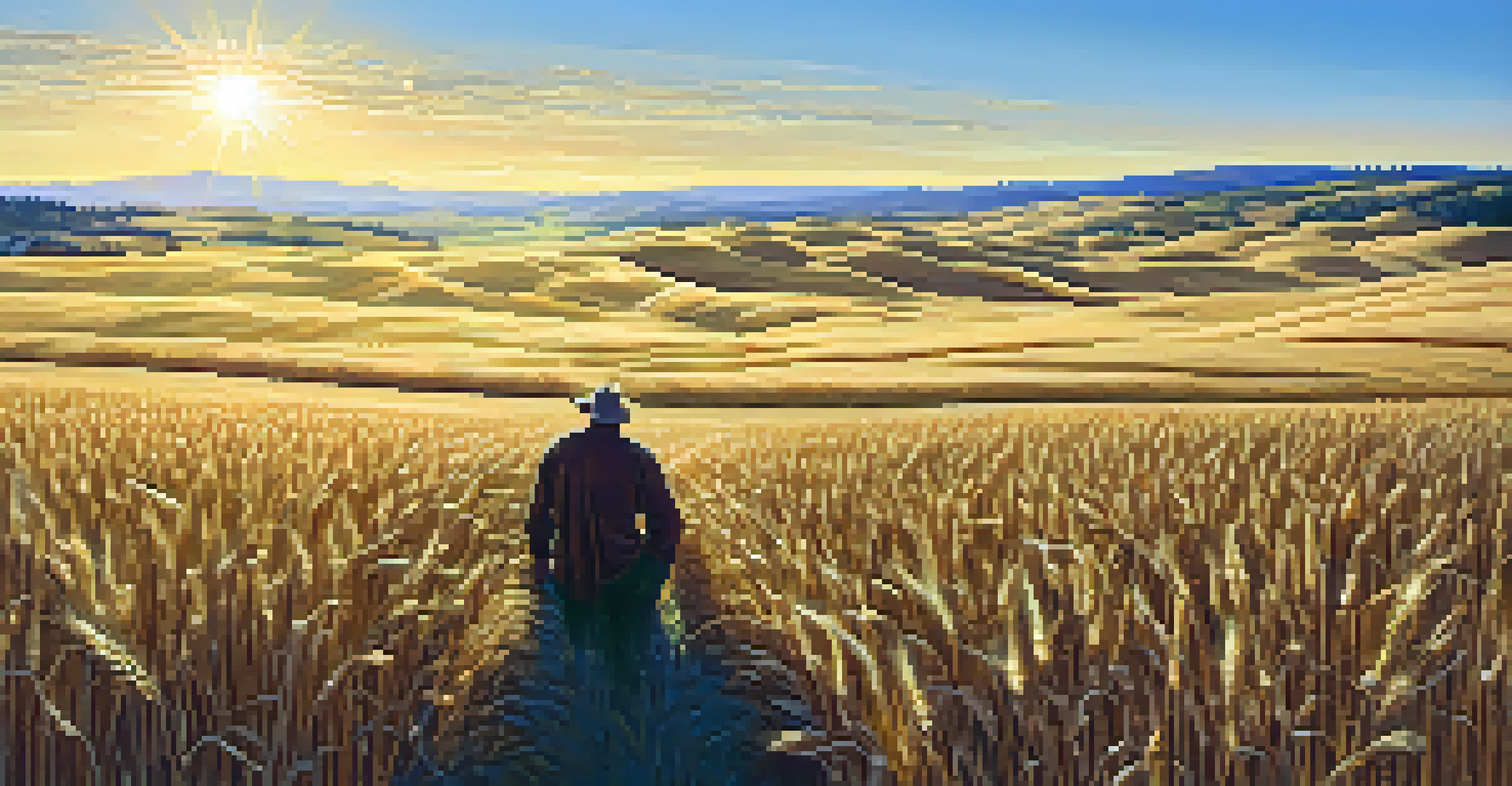 A farmer inspecting a golden wheat field in Washington's Palouse region under a clear blue sky.