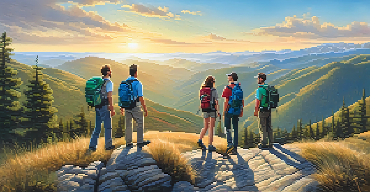 A group of friends celebrating at the top of a mountain trail, with a panoramic view of hills and valleys under a bright blue sky.