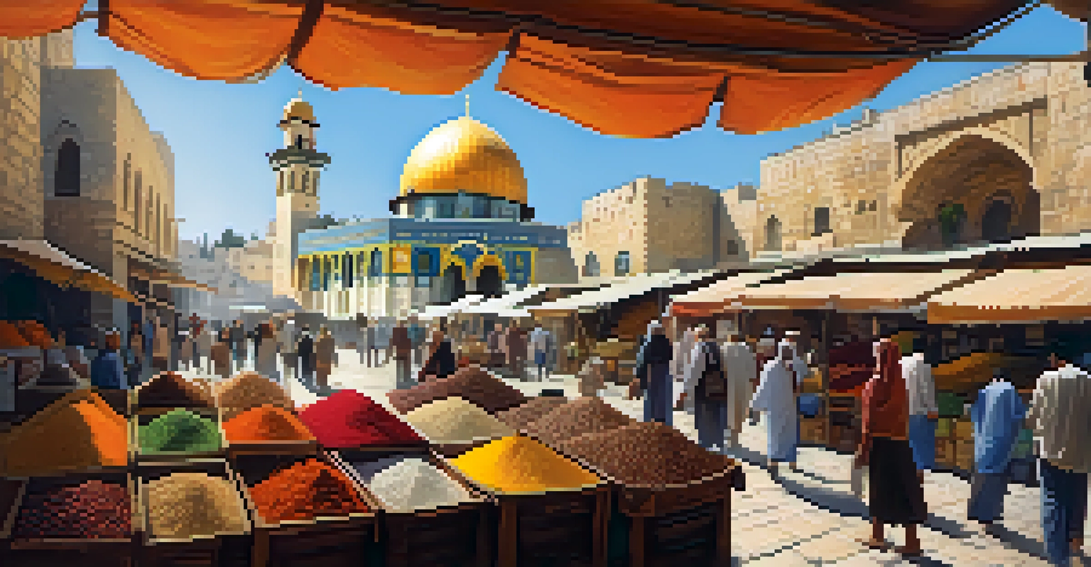 A bustling market in Jerusalem's Old City with colorful stalls and the Dome of the Rock in the background.