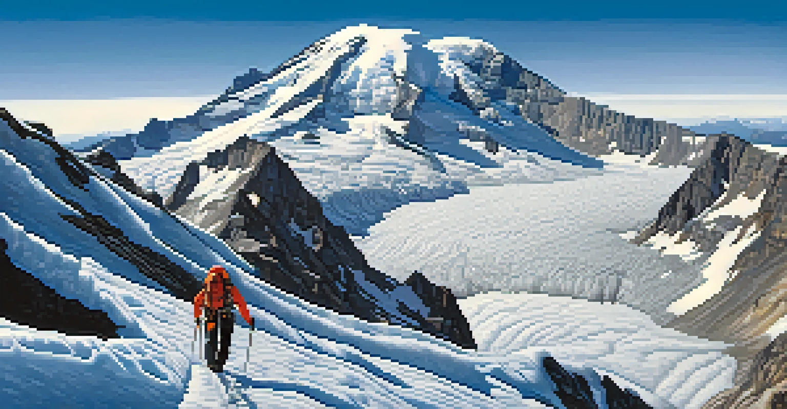 A climber ascending the Emmons Glacier route on Mount Rainier, surrounded by icy landscapes and clear blue skies.