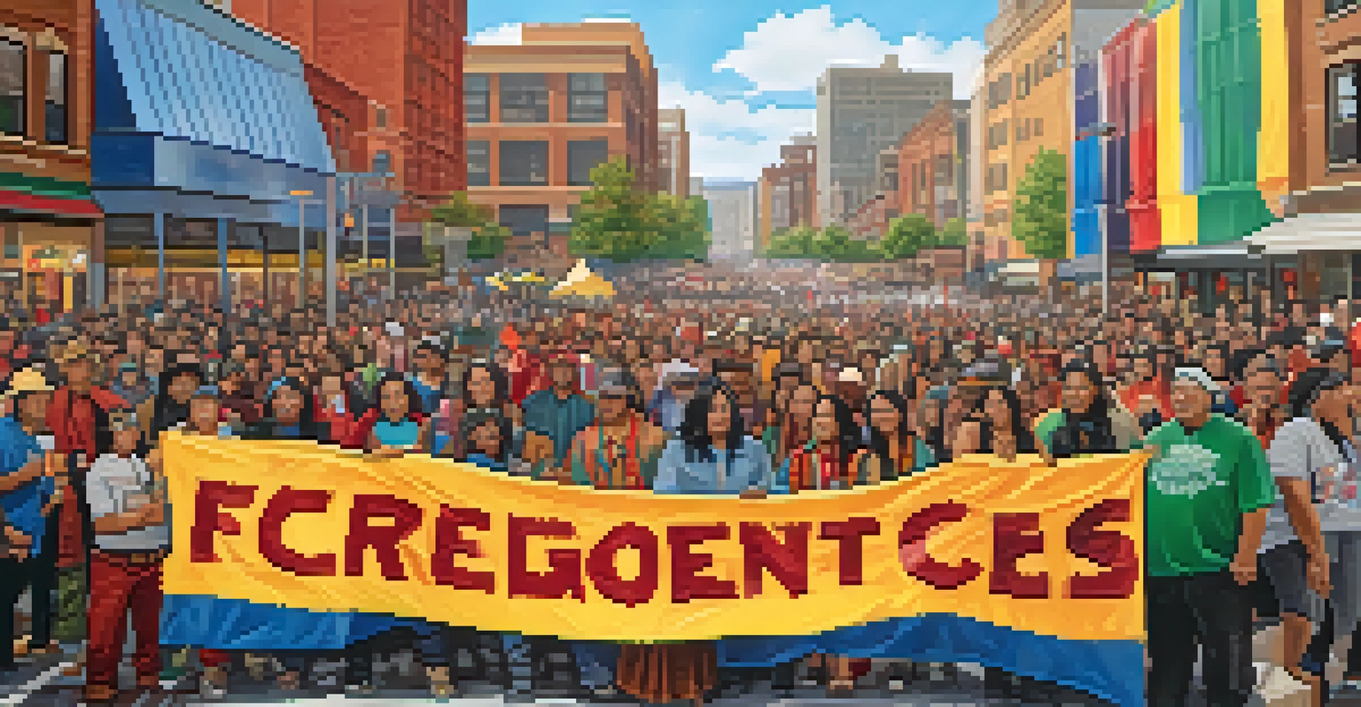 A modern activist gathering with Native American community members holding banners advocating for Indigenous rights in an urban setting.