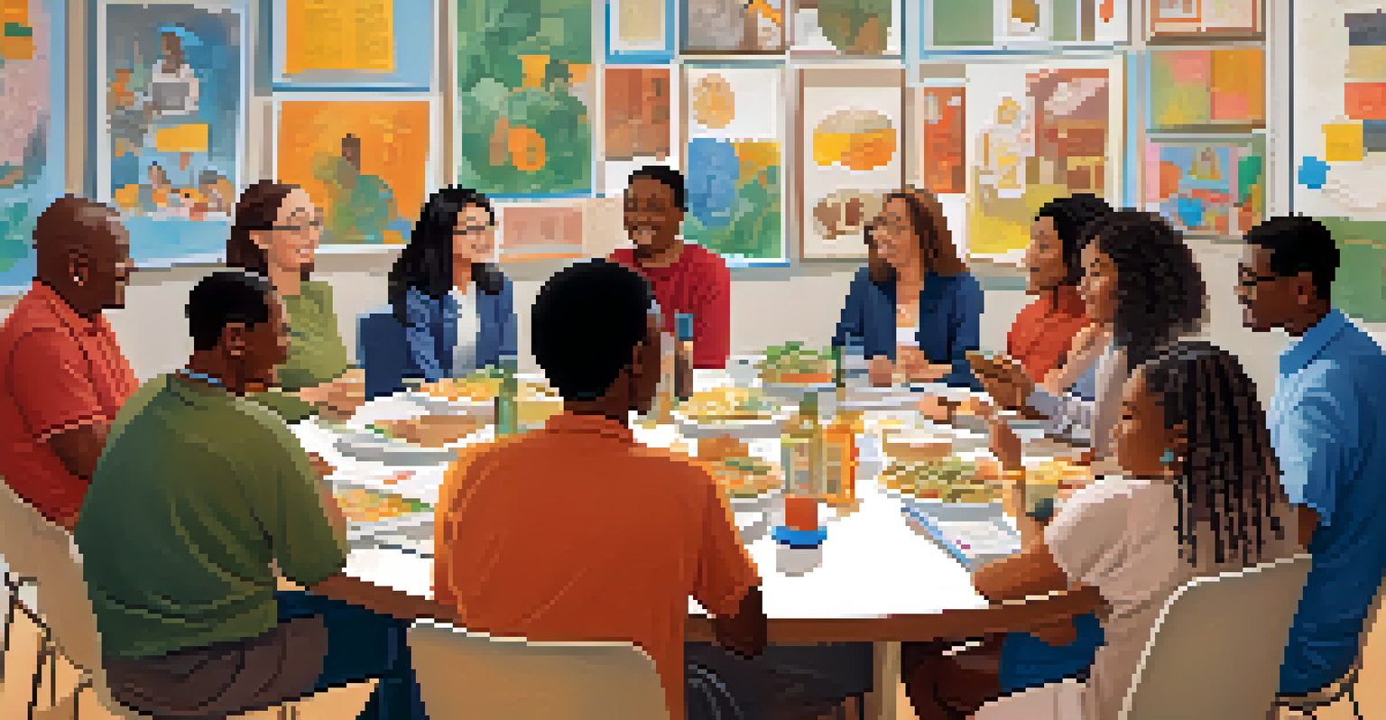 A diverse group of citizens engaged in a community meeting around a round table, discussing policies with charts and snacks present.