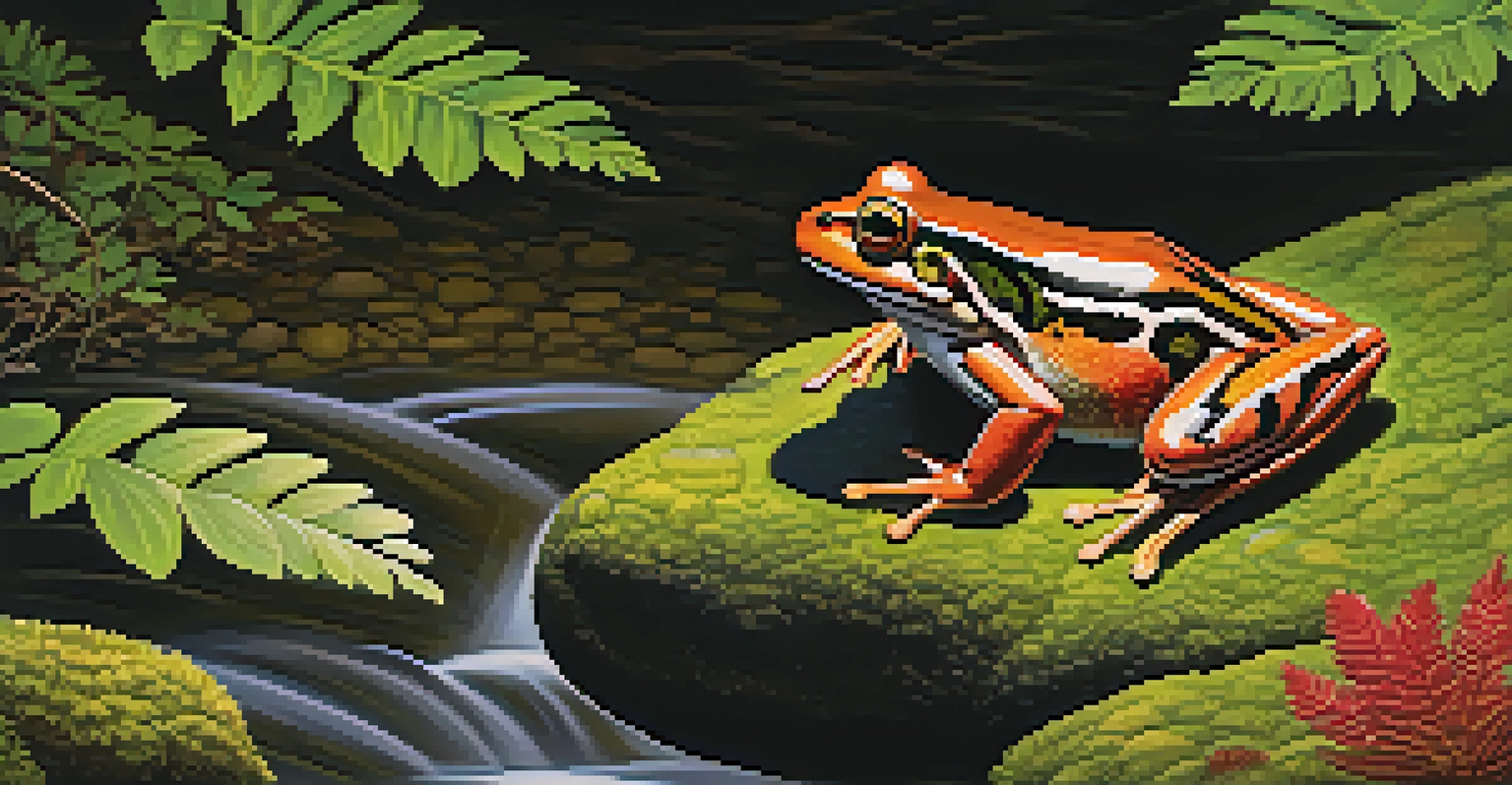 A close-up of a red-legged frog on a mossy rock by a stream, surrounded by ferns and wildflowers, illuminated by sunlight filtering through the leaves.