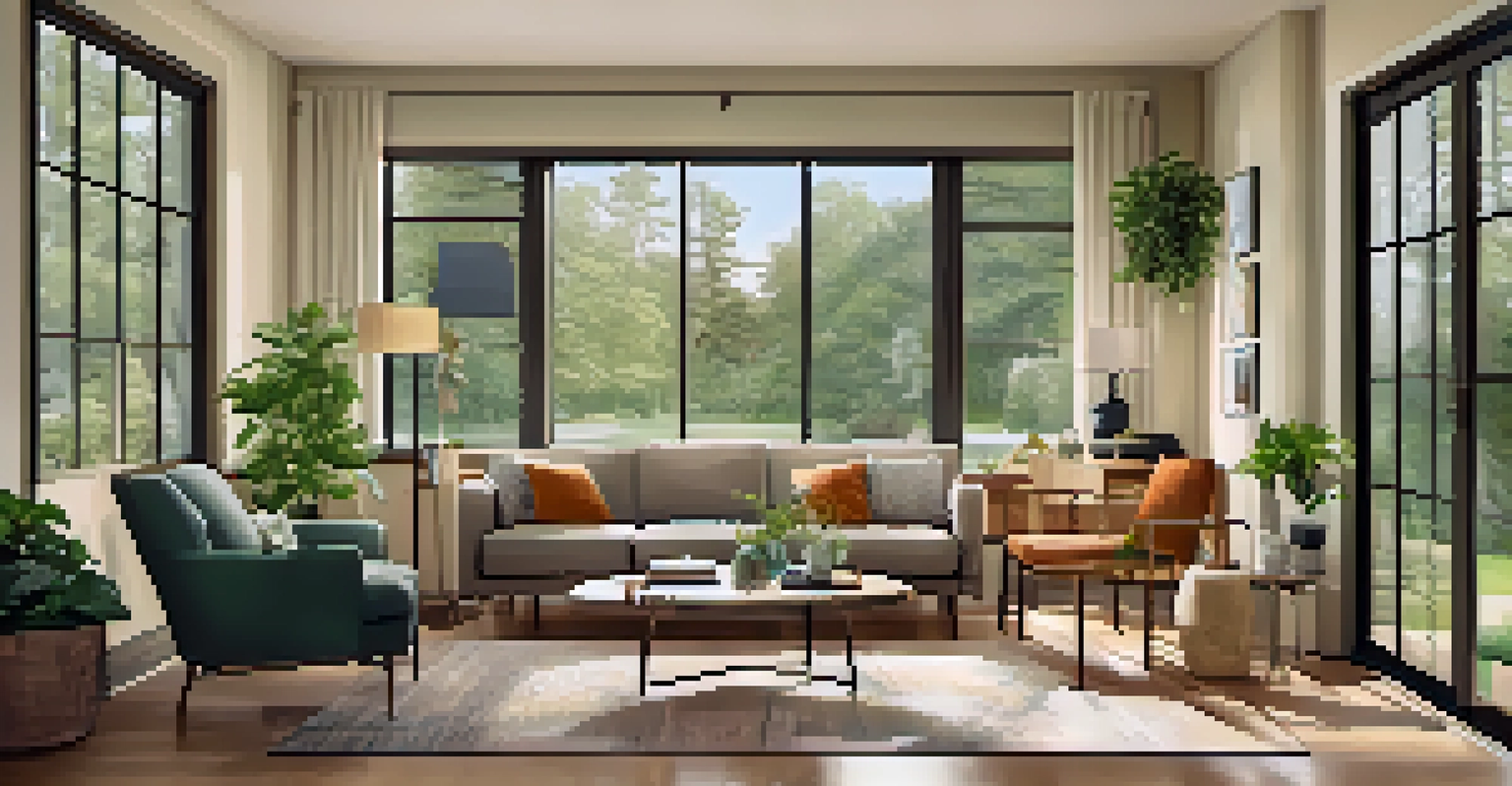 A bright, modern living room with large windows overlooking a green landscape.
