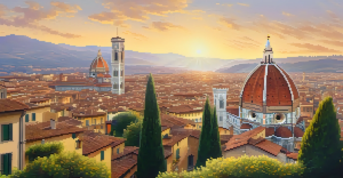 A picturesque Florentine street with historic buildings and flowers, illuminated by warm sunset light.