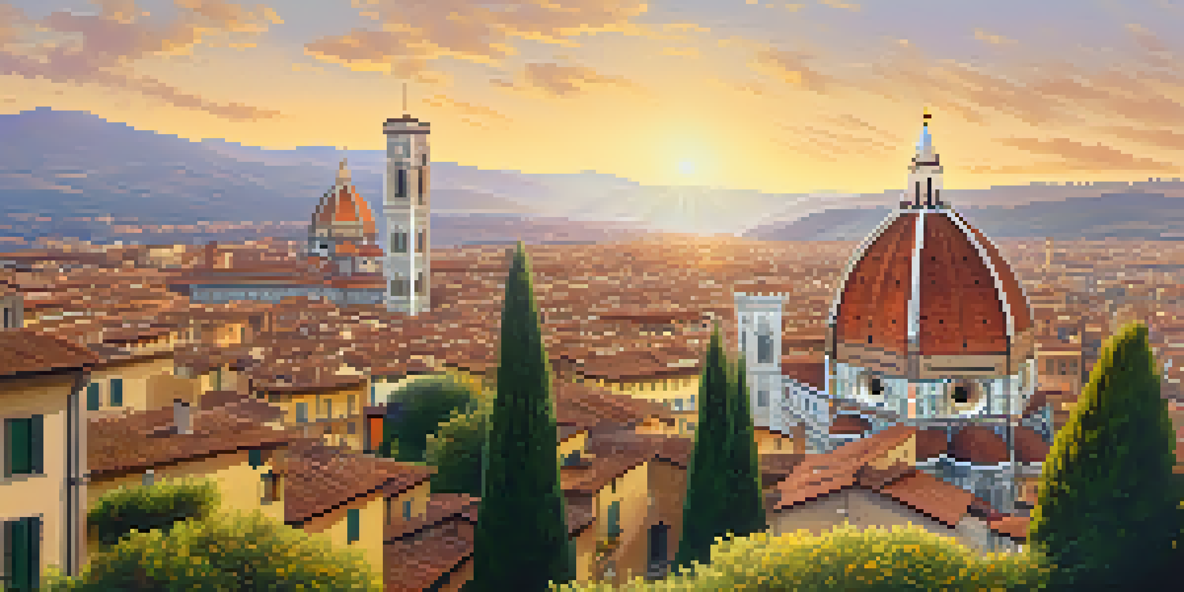 A picturesque Florentine street with historic buildings and flowers, illuminated by warm sunset light.