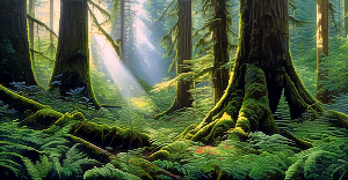 A lush rainforest scene with tall trees covered in moss and ferns, illuminated by soft sunlight filtering through the leaves.