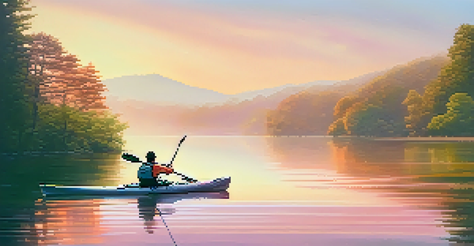 A lone kayaker paddles through calm waters at sunrise, with mist rising and lush greenery surrounding the lake.