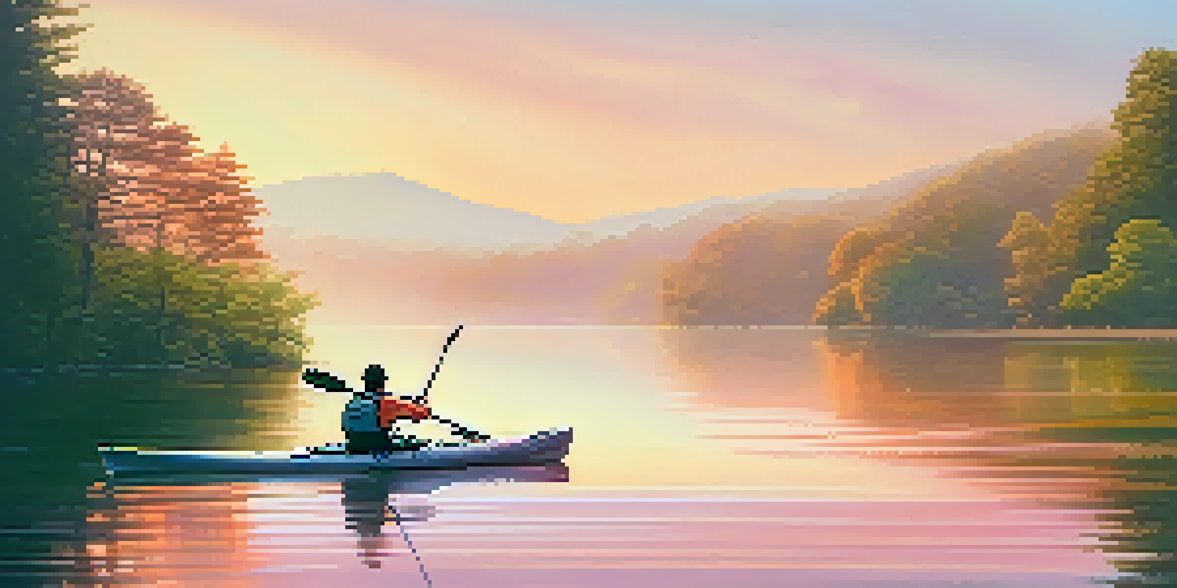 A lone kayaker paddles through calm waters at sunrise, with mist rising and lush greenery surrounding the lake.