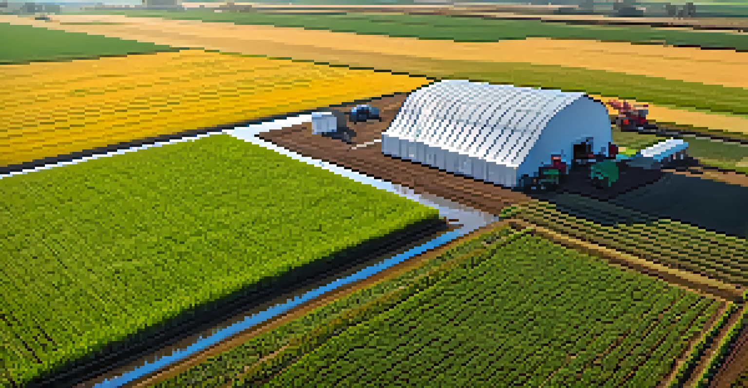 Aerial view of a modern farm with drones and advanced technology, showcasing vibrant crops and farming equipment.