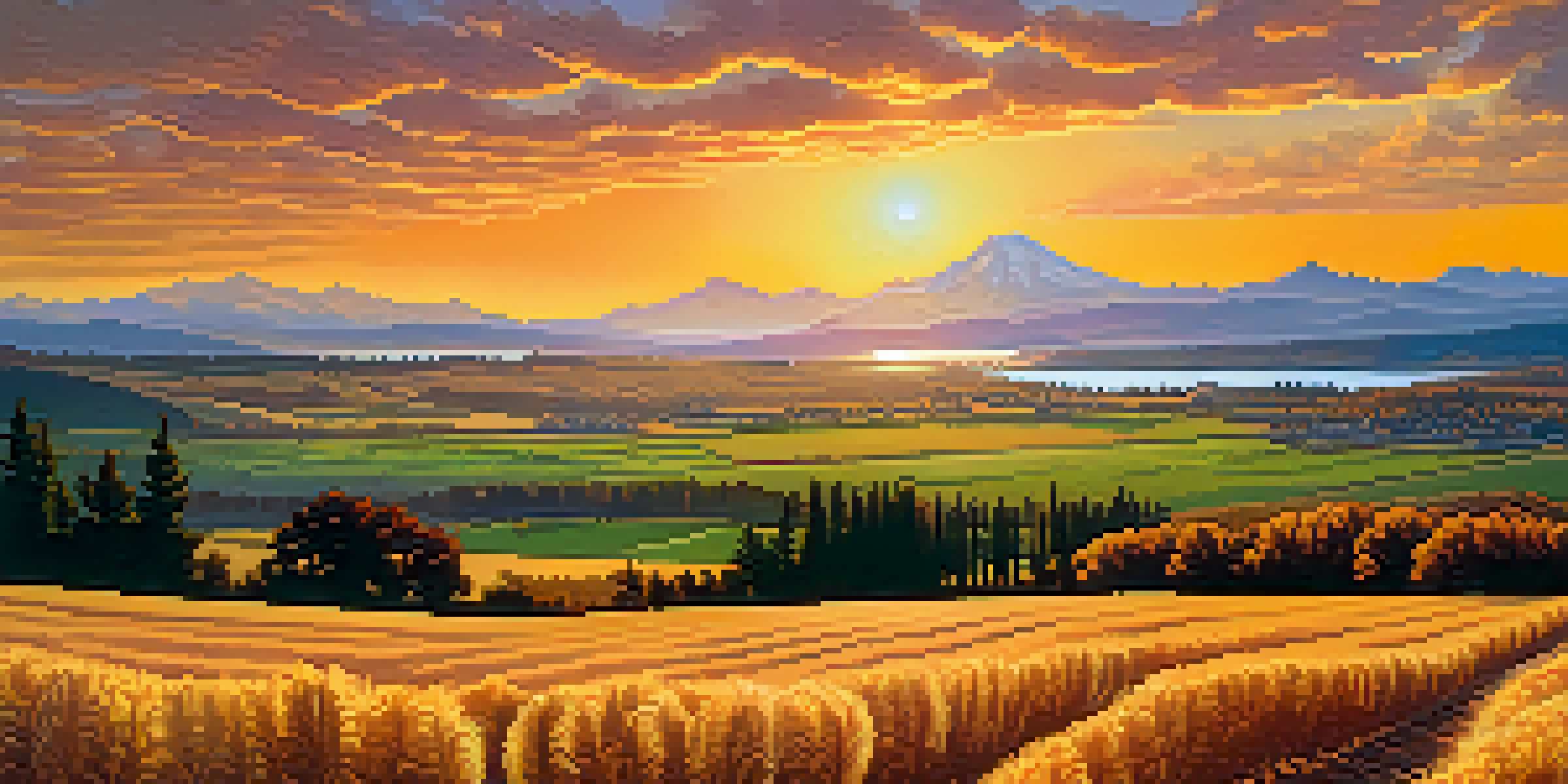 A picturesque landscape of Washington State, featuring coastal farmland with berries and apples in the foreground, and golden wheat fields in the background, under a colorful sunset sky.