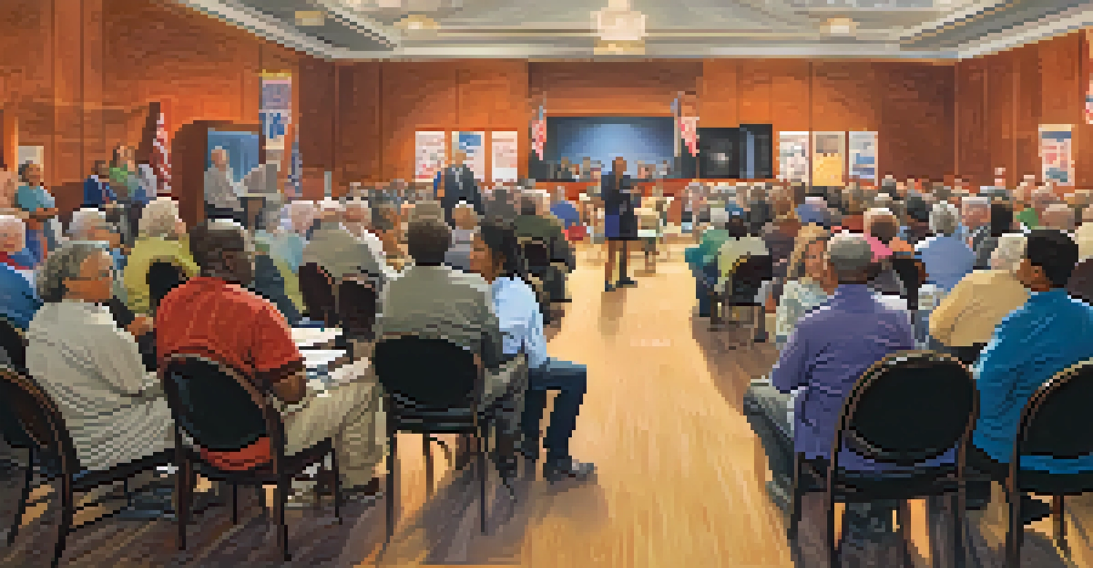 A community town hall meeting with residents listening to a speaker, showcasing civic engagement in a warmly lit room.