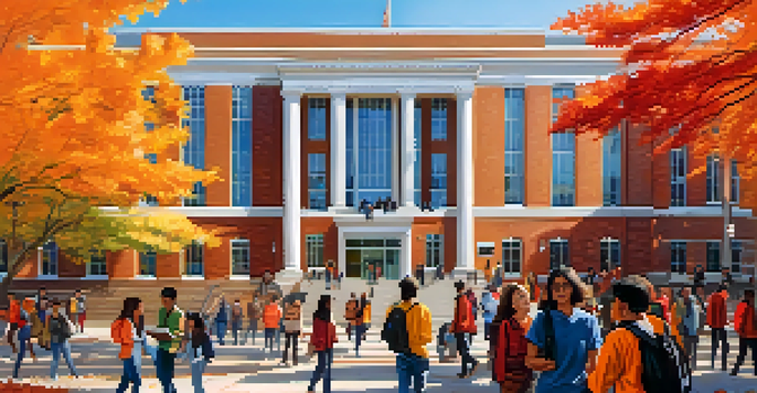 A vibrant university campus with diverse students discussing outside a modern building, surrounded by colorful autumn trees under a clear blue sky.