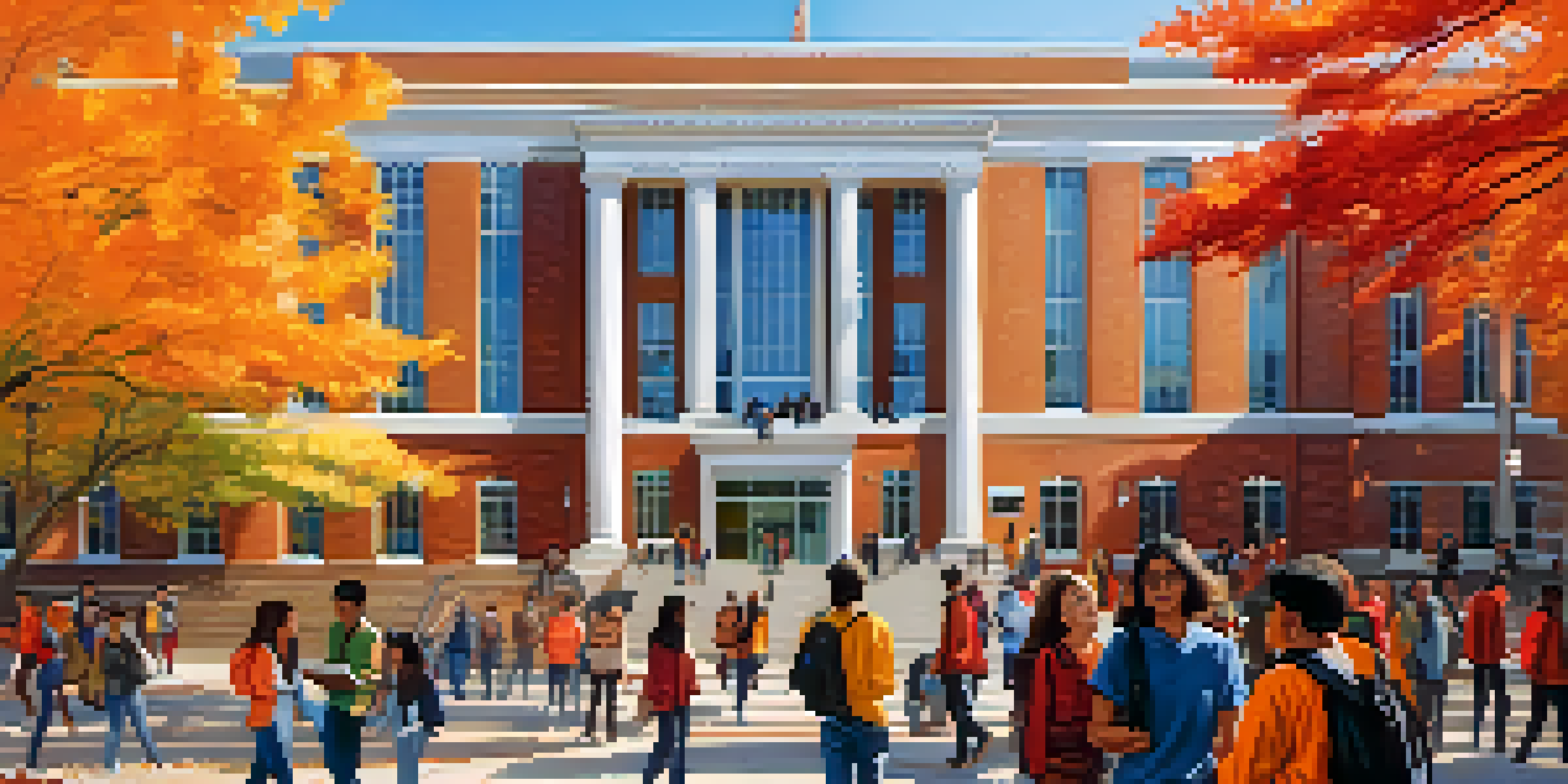 A vibrant university campus with diverse students discussing outside a modern building, surrounded by colorful autumn trees under a clear blue sky.