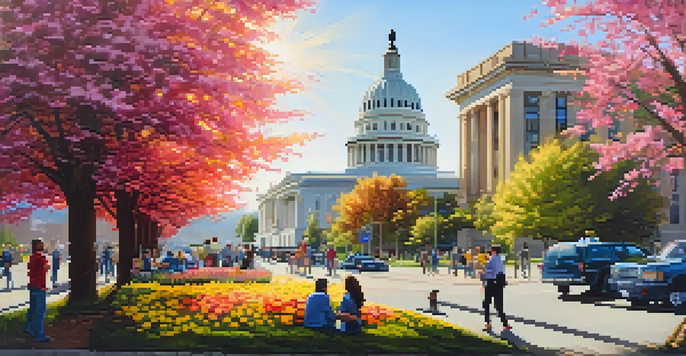 A lively urban scene outside the State Capitol building in Washington State, with people discussing and colorful flowers in the foreground.