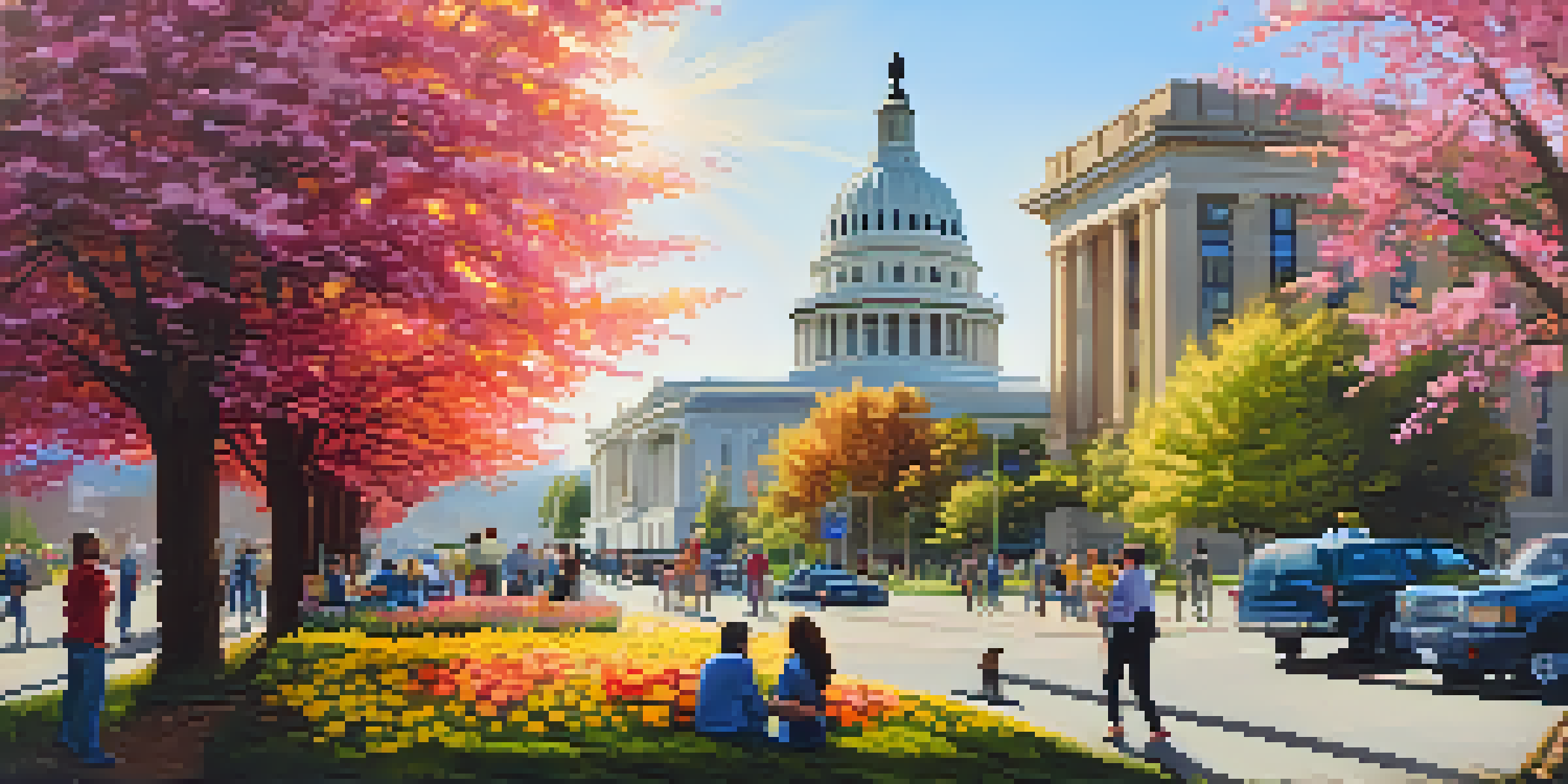 A lively urban scene outside the State Capitol building in Washington State, with people discussing and colorful flowers in the foreground.