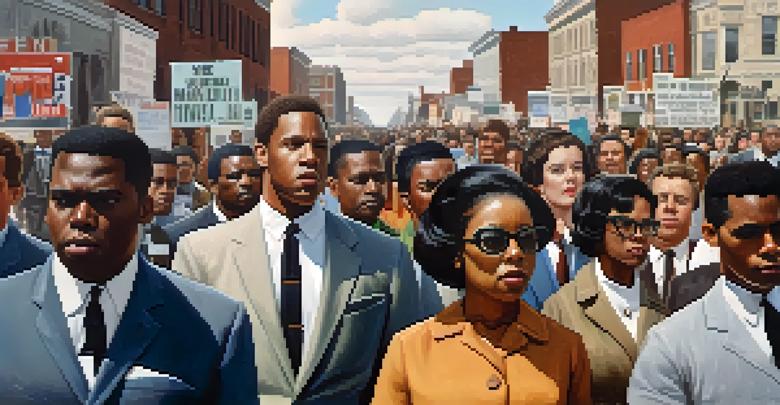 A diverse group of civil rights activists marching with signs for equality in an urban setting.
