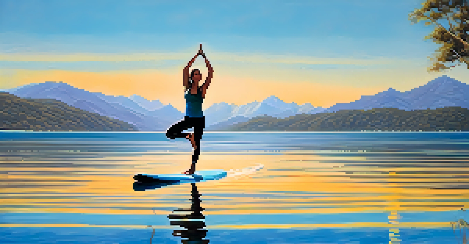 A paddleboarder performs yoga on a calm lake, balancing on one leg, with mountains in the background.