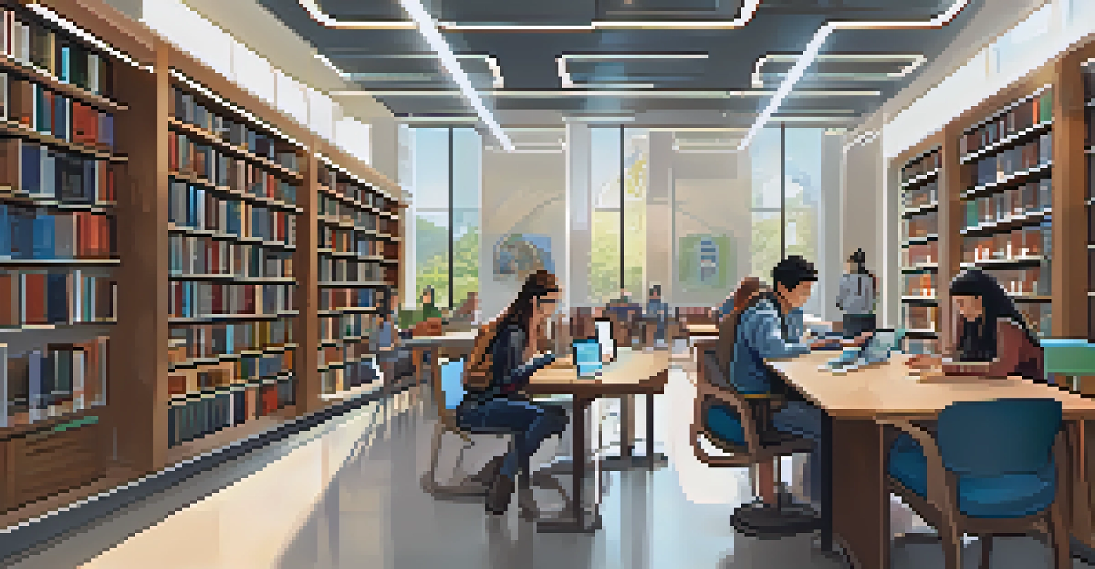 A futuristic library with students using augmented reality headsets and digital devices.