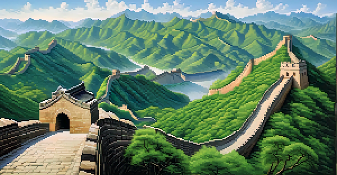 A wide view of the Great Wall of China amidst mountainous terrain, showcasing its ancient stones and the vibrant green valleys around it.