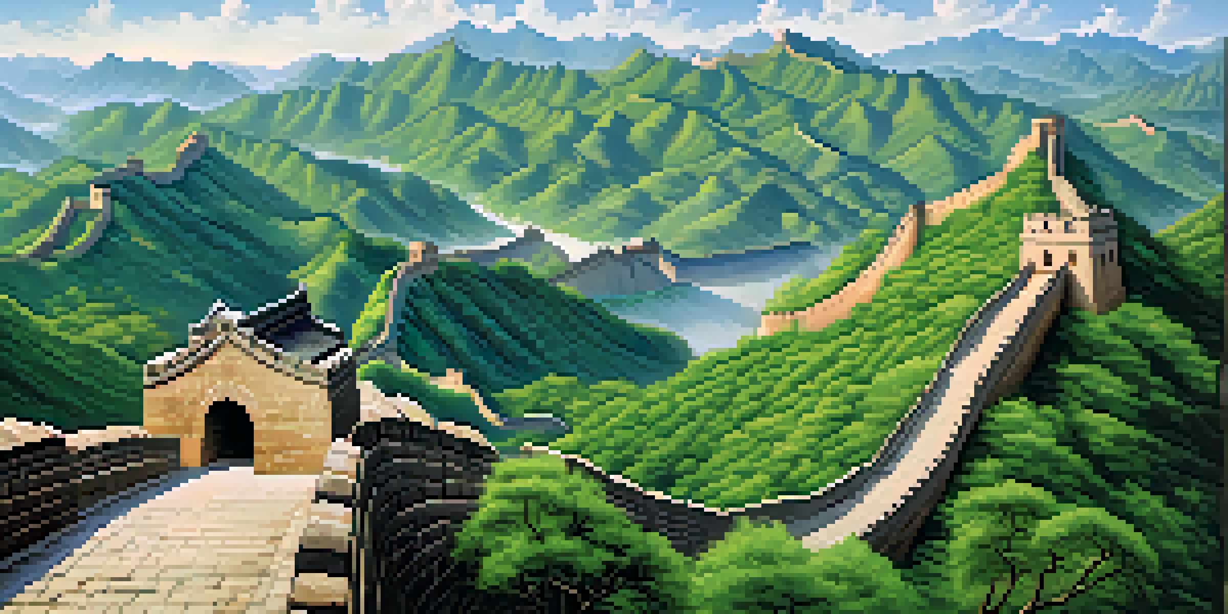 A wide view of the Great Wall of China amidst mountainous terrain, showcasing its ancient stones and the vibrant green valleys around it.