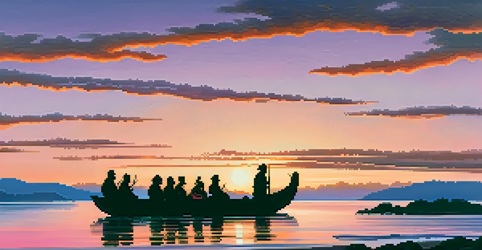 A tranquil sunset over Puget Sound, with silhouettes of Indigenous people engaged in a ceremony.