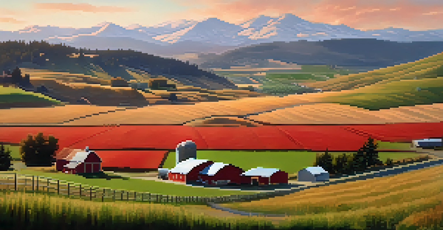 A rural landscape in Washington State showing a traditional barn and a modern solar farm under a colorful sunset sky.