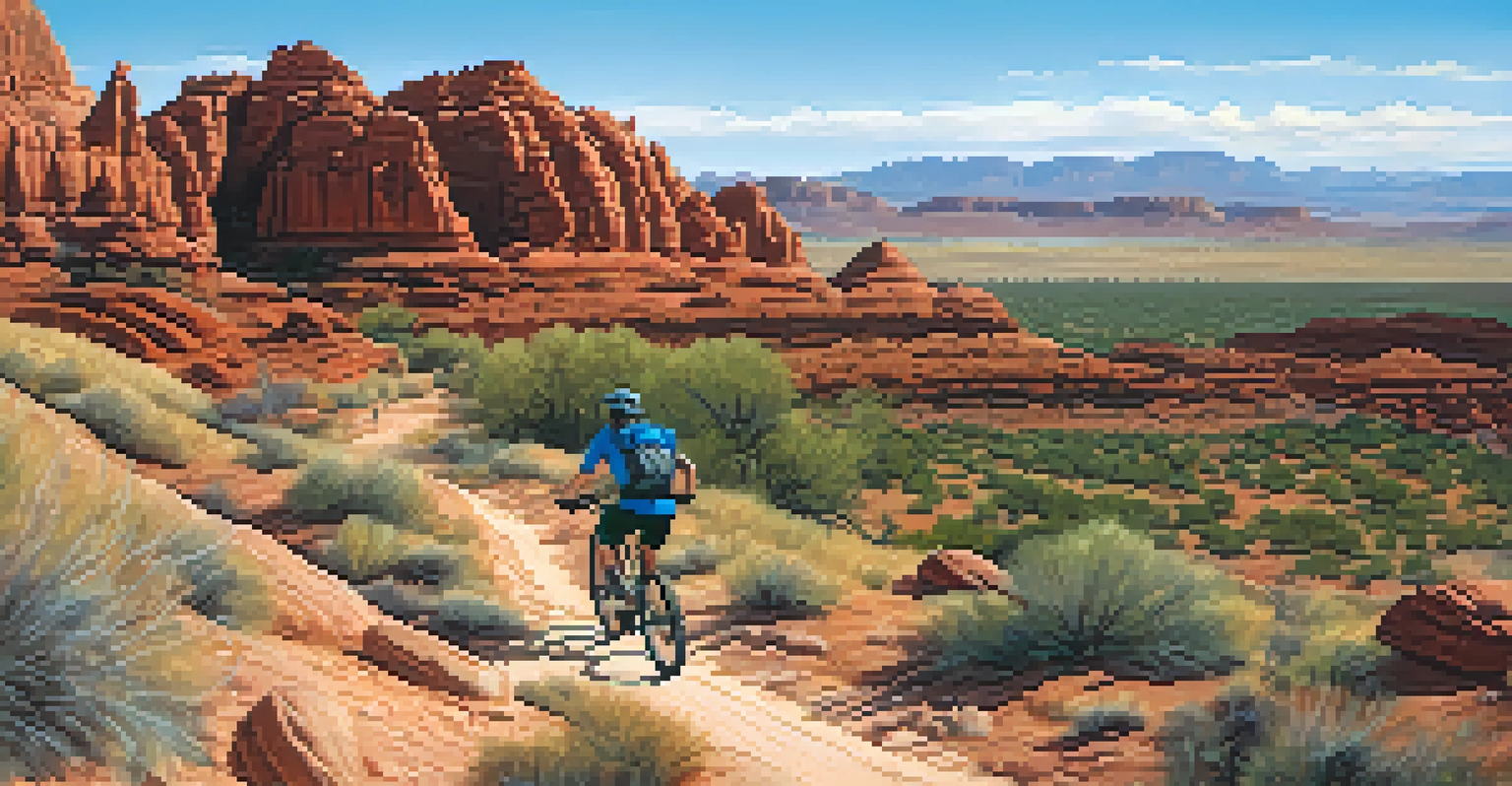 A mountain biking trail with red rock formations and a biker ascending a steep path under a blue sky.