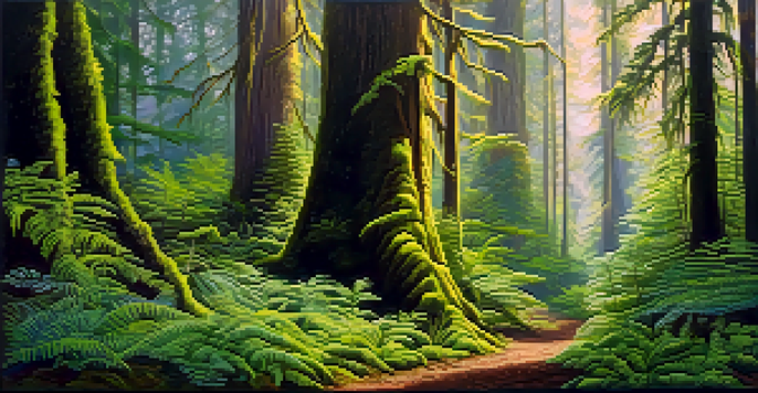 A tranquil scene of the Hoh Rain Forest with tall mossy trees, lush ferns, and colorful wildflowers under soft sunlight.