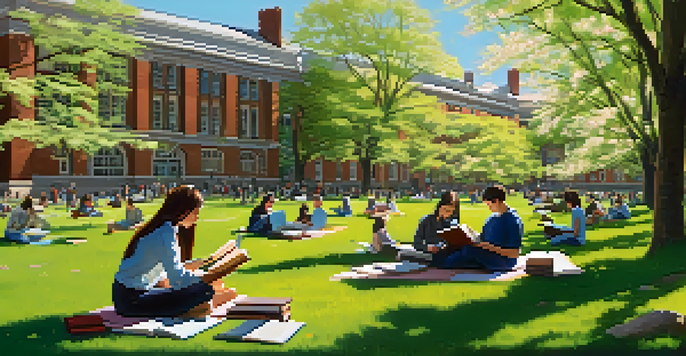 A vibrant university campus with students studying outdoors under cherry blossom trees, showcasing diversity and academic life.