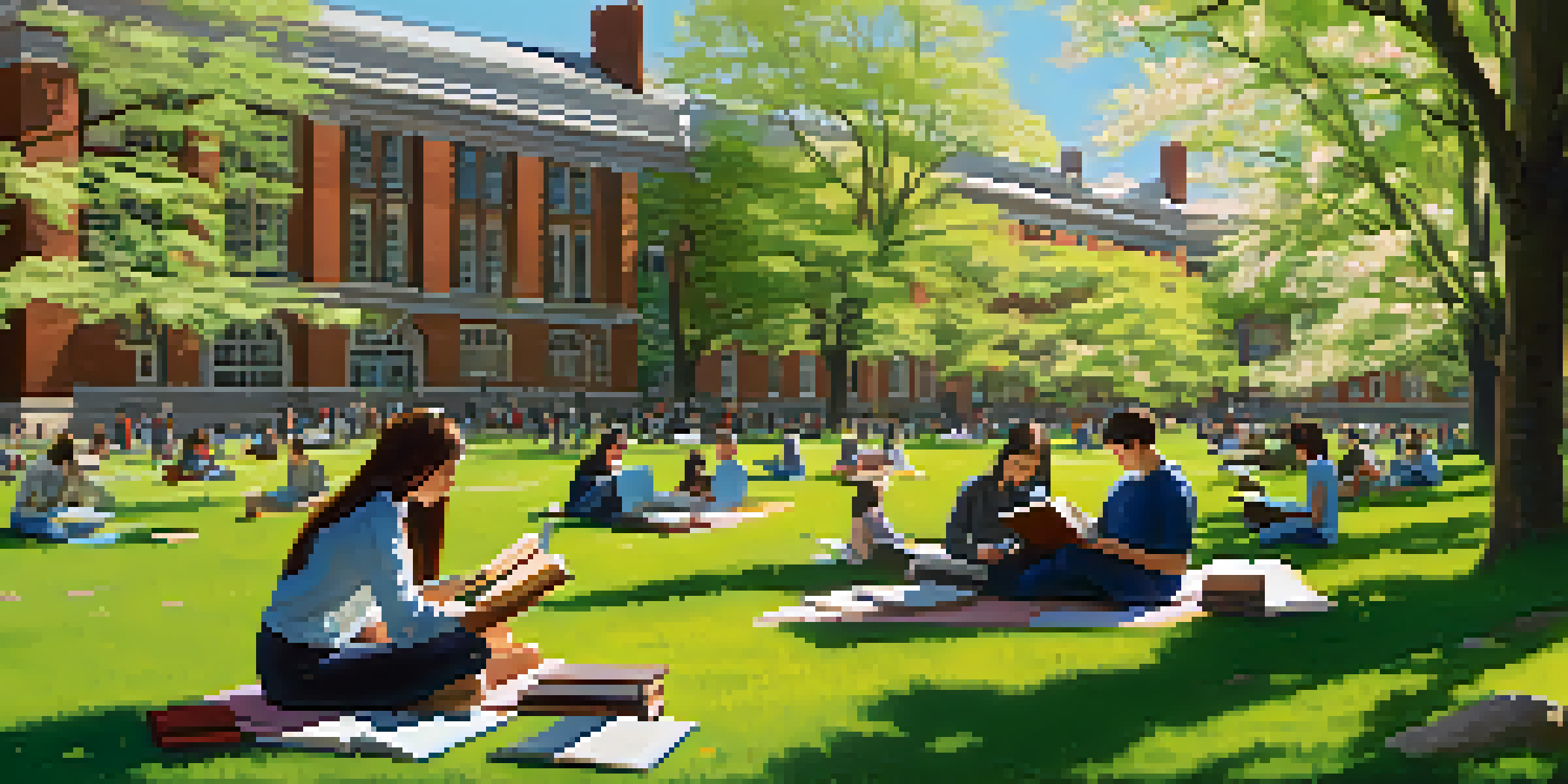 A vibrant university campus with students studying outdoors under cherry blossom trees, showcasing diversity and academic life.