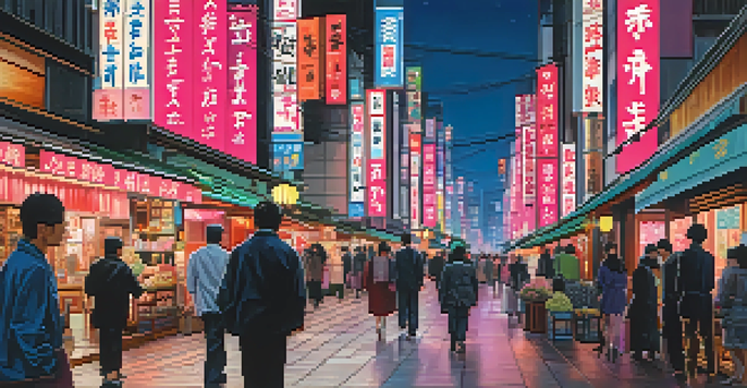 A lively night street in Tokyo filled with neon lights, people walking, and a mix of modern and traditional architecture.