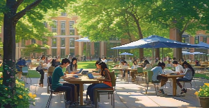 Students collaborating on research in a sunny university courtyard surrounded by greenery.