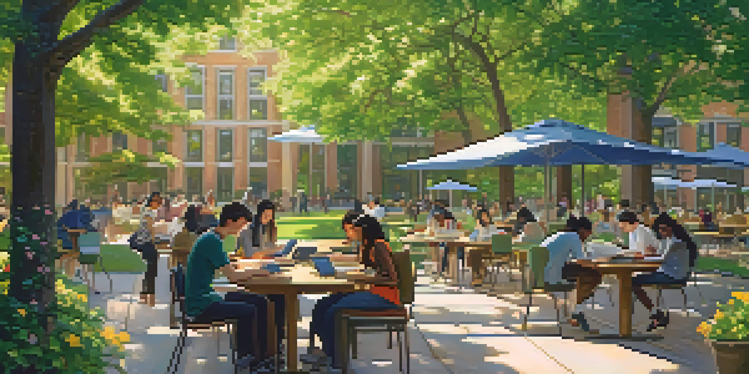 Students collaborating on research in a sunny university courtyard surrounded by greenery.
