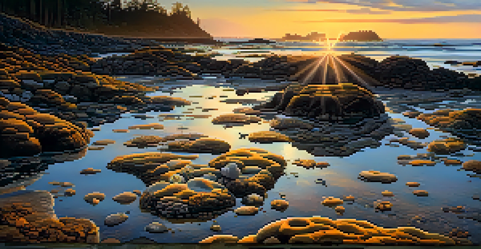 A coastal scene at low tide showing tide pools filled with marine life, under a sunset sky with colorful reflections on the water.