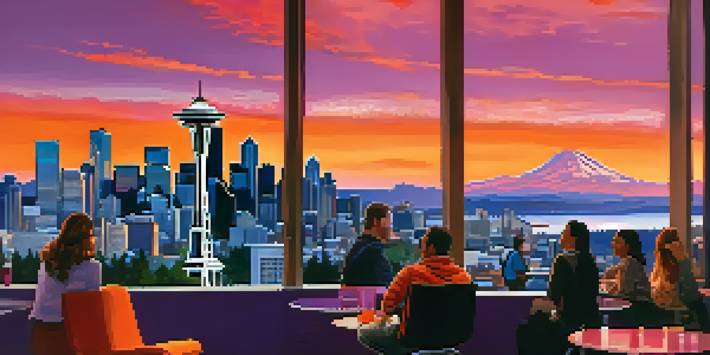 A panoramic view of Seattle's skyline at sunset with the Space Needle and modern skyscrapers in vibrant colors.